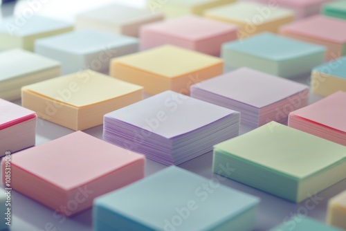 A neatly arranged display of pastel-colored sticky notes creates a calming pattern for organizing thoughts and ideas. photo