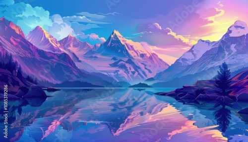 A Serene Mountain Lake Reflecting a Vibrant Sunset Sky