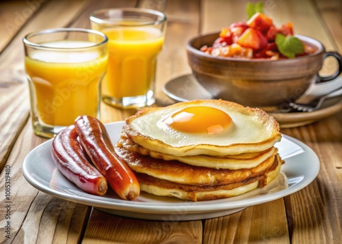 Delicious American Breakfast Featuring Fried Eggs, Bacon, Pancakes, and Juice on a White Plate, Perfect for Food Lovers and Culinary Enthusiasts
