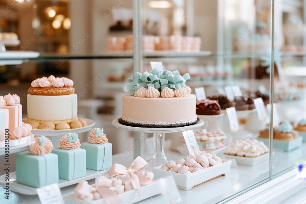 A delightful display of pastel-colored cakes, pastries, and confections arranged beautifully in a glass bakery showcase, tempting and elegant. A delightful display of pastel-colored cakes, pastries, and confections arranged beautifully in a glass bakery showcase, tempting and elegant.