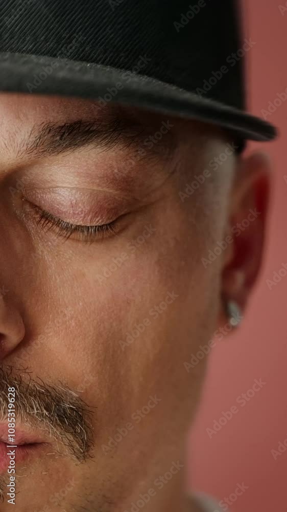 Half-face close-up portrait of a man wearing a black cap and earring, showcasing his goatee and intense gaze against a red background. Half-face close-up portrait of a man wearing a black cap and earring, showcasing his goatee and intense gaze against a red background.
