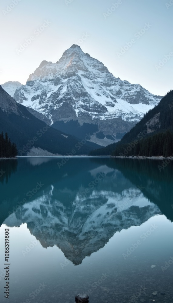 Naklejka premium Mesmerizing reflection of a snowy mountain in a perfectly still lake.