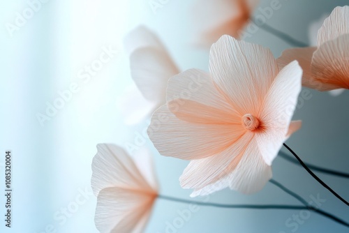 Delicate, peach-colored paper flowers gracefully bloom against a soft blue background, exuding an air of elegance and artistic beauty.