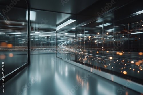 A reflective hallway with streaks of light creates an illusion of endlessness and motion, blending reality with futuristic aesthetics in sleek gray tones.