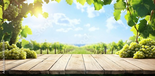 Sun-drenched vineyard scene with bunches of green grapes on a wooden table. Perfect for wine, harvest, or summer themes.