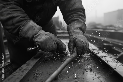 Skilled hands, captured in monochrome, meticulously craft a metal piece in a workshop filled with sparks.