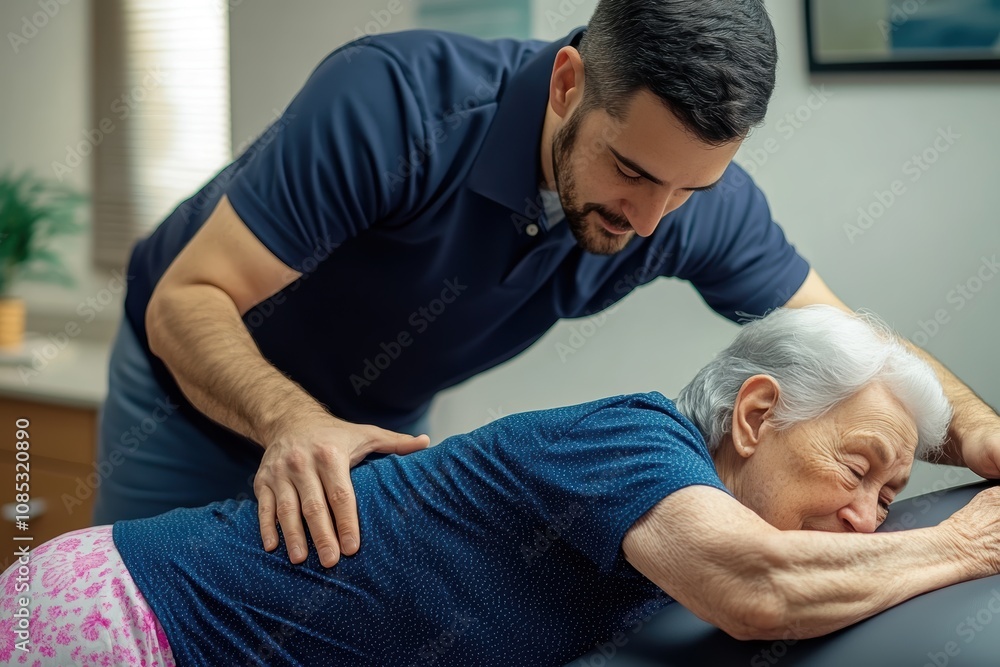 Obraz premium Male therapist assisting elderly woman during a physical therapy session.