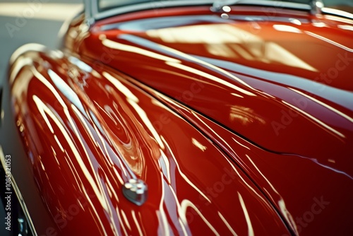 The glossy red exterior of a vintage car reflects light, showcasing its polished elegance and timeless appeal. photo