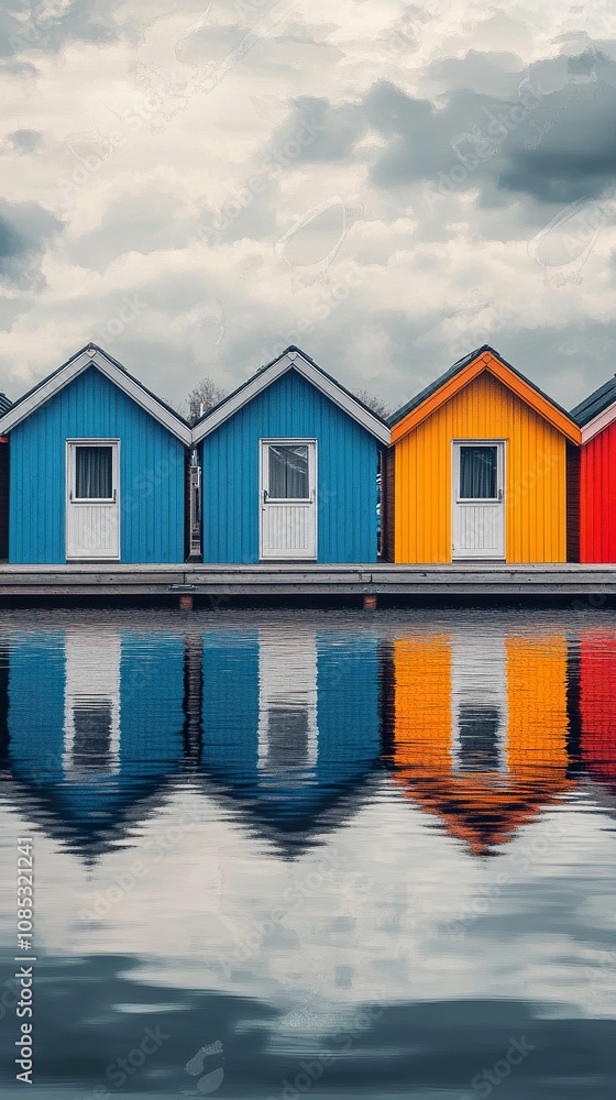 Colorful Lake Houses Reflecting in Calm Water, Misty Day Colorful Lake Houses Reflecting in Calm Water, Misty Day