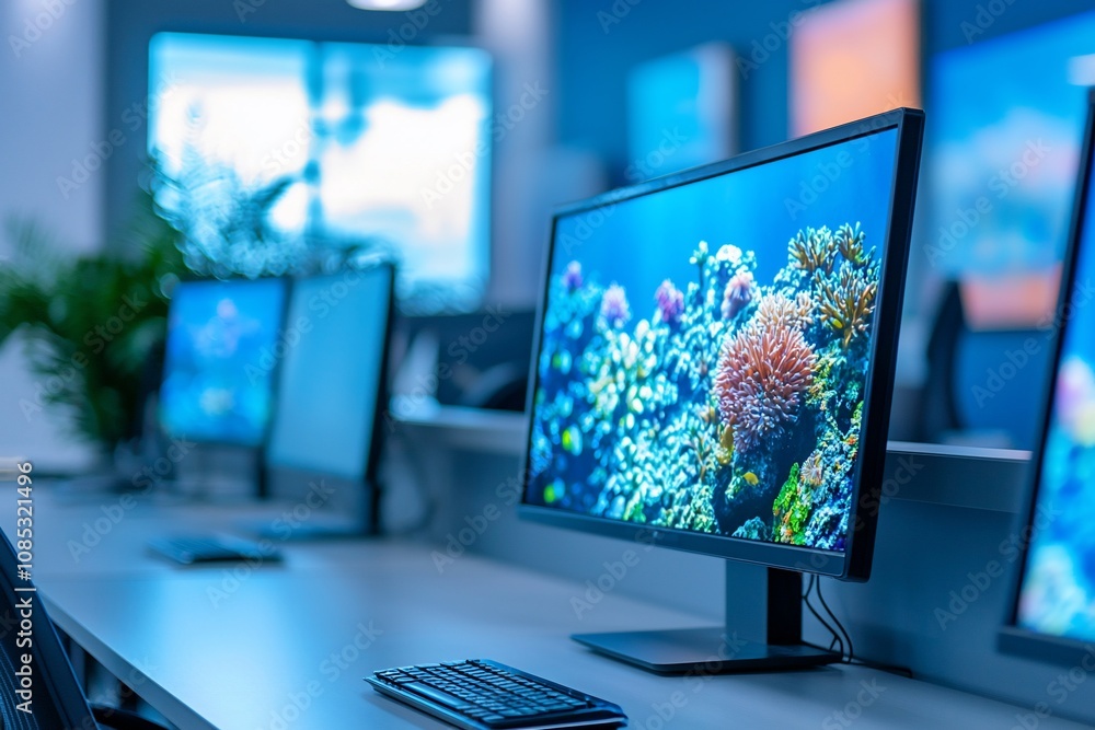 Modern Workspace with Monitors Displaying Vibrant Coral Reef Modern Workspace with Monitors Displaying Vibrant Coral Reef