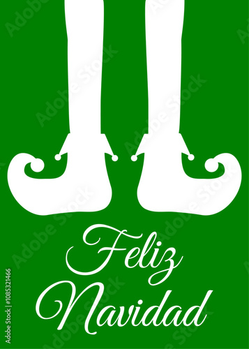 Banner con mensaje Feliz Navidad en español con silueta de piernas de elfo de Santa Claus para tarjetas y felicitaciones