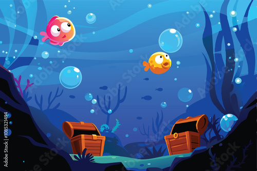 Create a whimsical underwater scene featuring cartoon fish, playful corals, and vibrant seaweed in a bright, cheerful style.  Include bubbles and sunbeams.