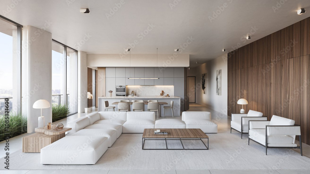 Fototapeta premium Modern Luxury Apartment Interior Design Open Plan Living Room Kitchen City View