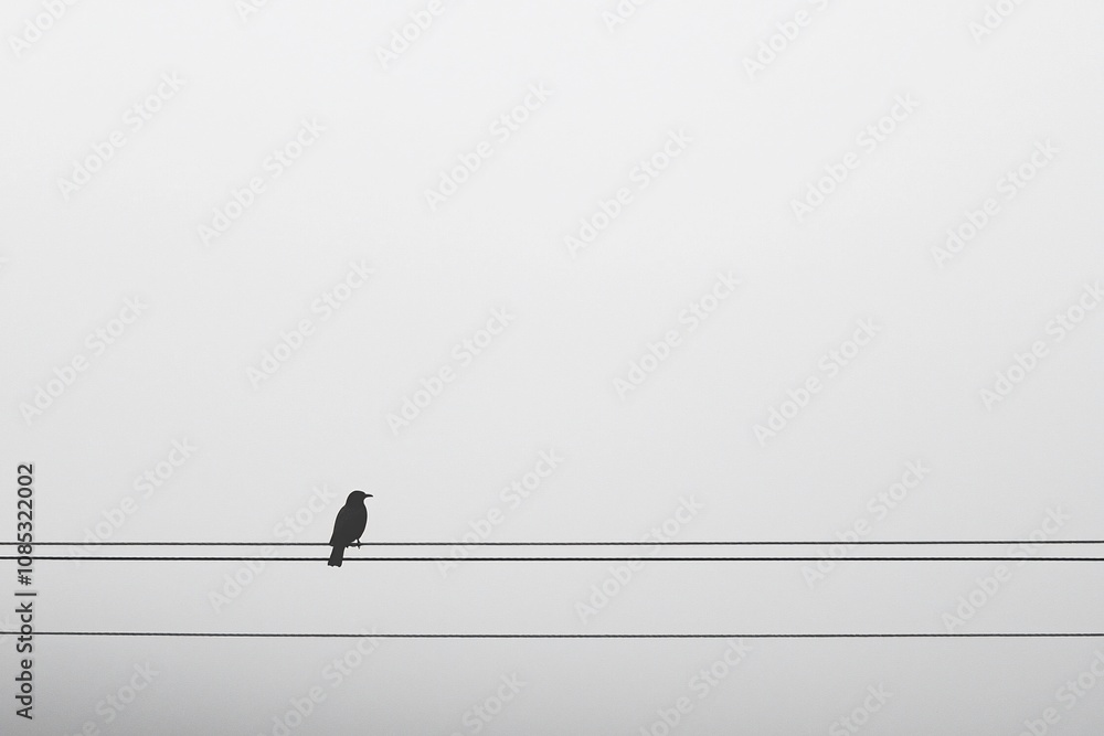 Lonely Bird on Wires Against a Foggy Sky Lonely Bird on Wires Against a Foggy Sky