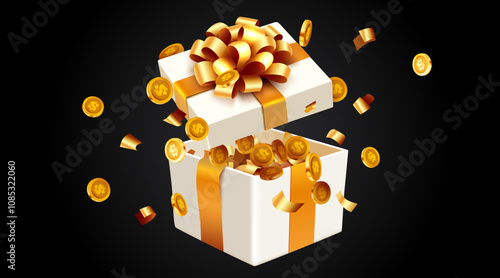 Gift box with coin explosion. Big win concept.