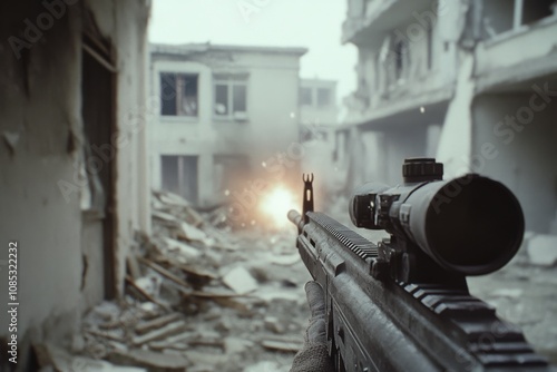 A soldier fires a rifle, illuminating the rubble-strewn urban battlefield under a gray sky, capturing the tense atmosphere of conflict.