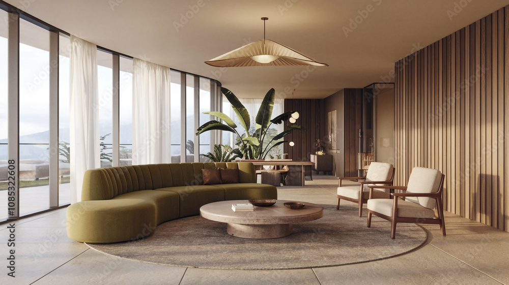 Fototapeta premium Modern Luxury Living Room Interior Design Ocean View Curved Sofa Wooden Accents