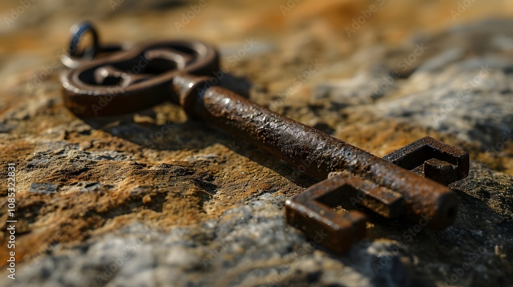 Weathered old key lying on rough stone surface in natural light