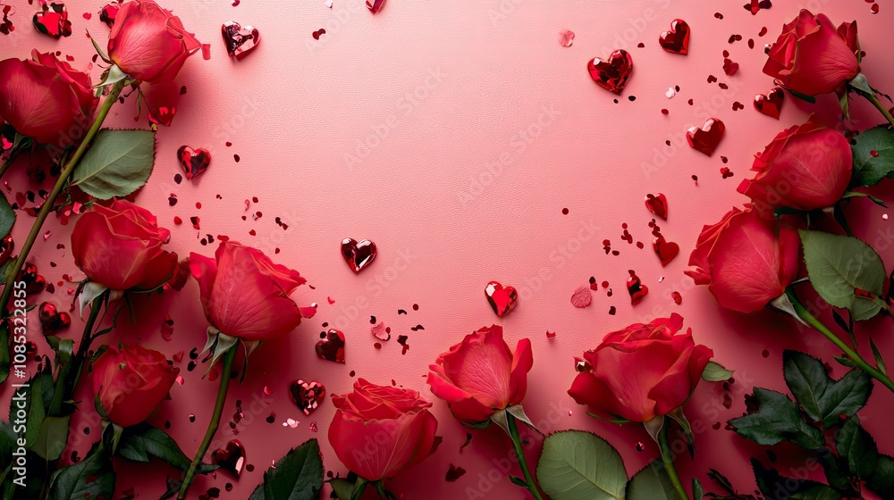 Frame made of rose flowers, confetti on pink background. Valentine's Day background. Frame made of rose flowers, confetti on pink background. Valentine's Day background.