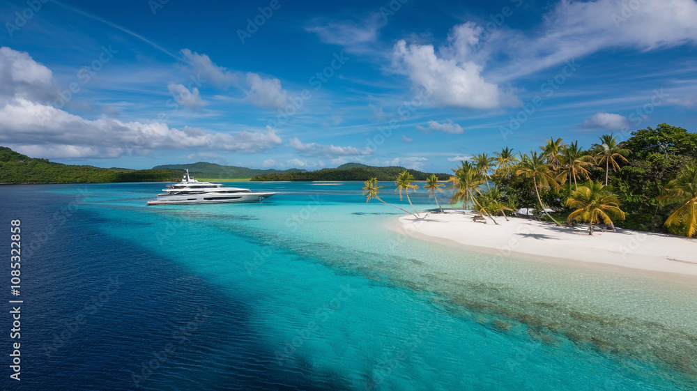Luxury Yacht at Tropical Island Beach Paradise Turquoise Waters White Sand Palm Trees Luxury Yacht at Tropical Island Beach Paradise Turquoise Waters White Sand Palm Trees