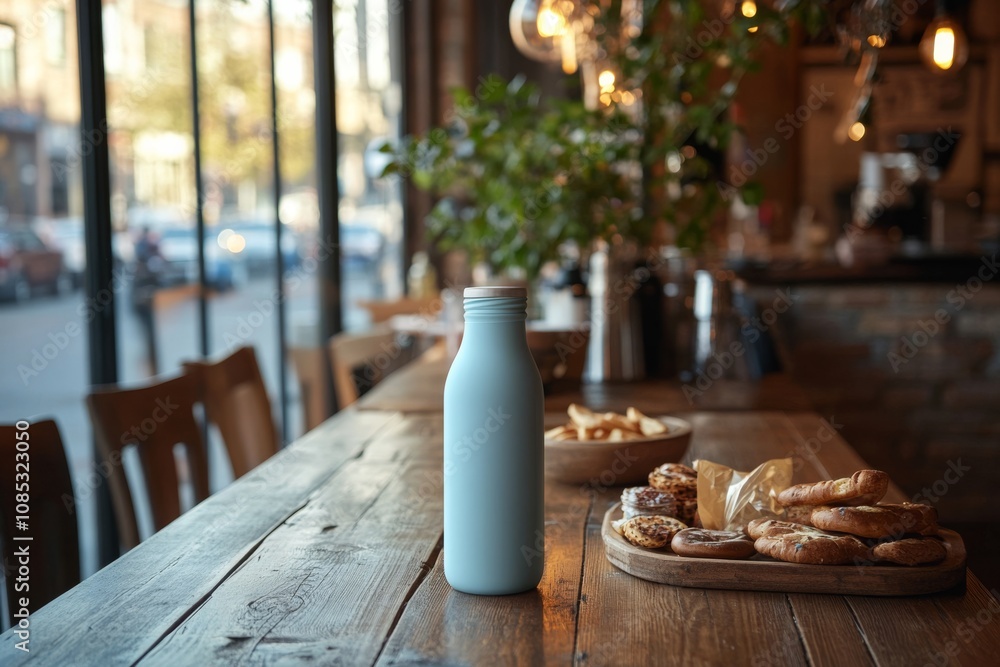 A minimalist cafe setting with a milk bottle and a tray of pastries on a wooden table, framed by large windows showcasing a bustling street view. A minimalist cafe setting with a milk bottle and a tray of pastries on a wooden table, framed by large windows showcasing a bustling street view.