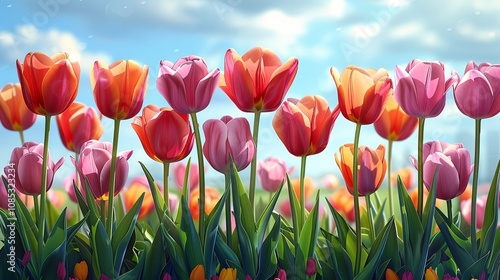 Field of colorful tulips in full bloom during springtime