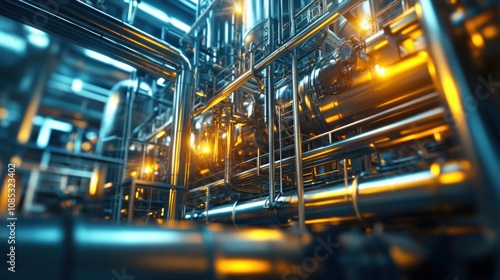 Complex network of pipes and valves in an industrial setting, illuminated by warm lights.