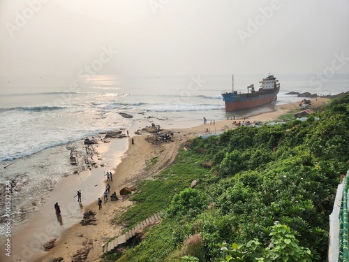 Visakhapatnam, Andhra Pradesh India - Dec 02 2024: Ship near Tenneti Beach Park in Vizag.