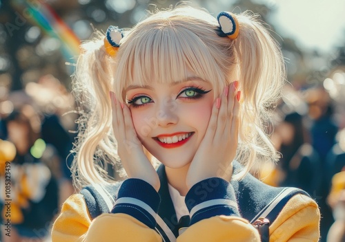 an anime girl cosplaying trendy and cute, smiling with her hands on the cheeks photo