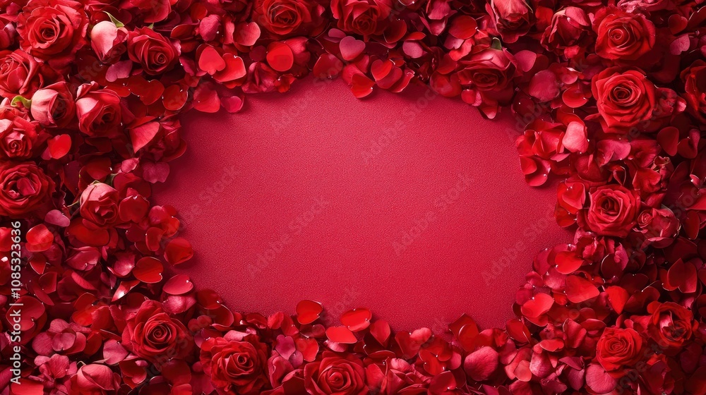 Frame made of rose flowers, confetti on pink background. Valentine's Day background. Frame made of rose flowers, confetti on pink background. Valentine's Day background.