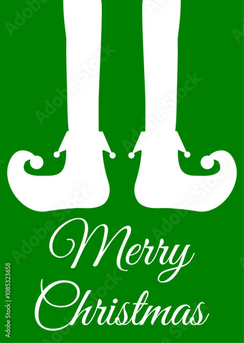 Banner con mensaje Merry Christmas con silueta de piernas de elfo de Santa Claus para tarjetas y felicitaciones