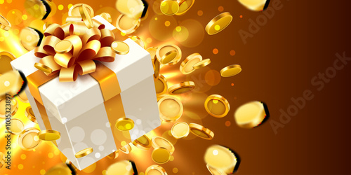 Gift box with coin explosion. Big win concept.