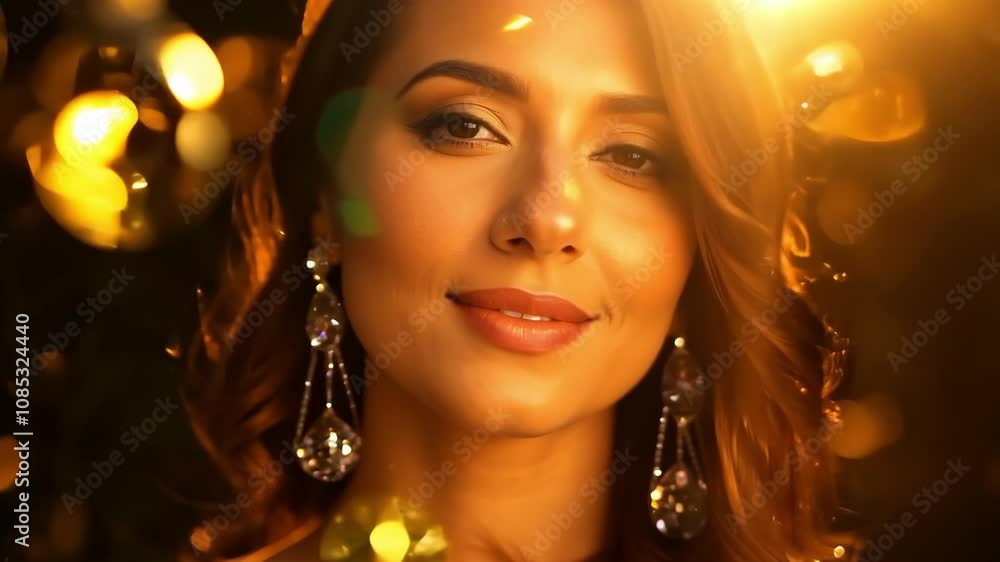 Golden sunlit portrait of woman smiling in nature setting with sparkling light patterns Golden sunlit portrait of woman smiling in nature setting with sparkling light patterns