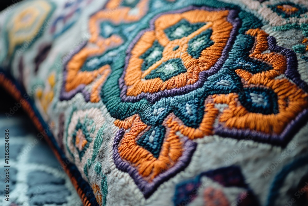 Fototapeta premium Ornate pillow showcases vibrant embroidery with teal and orange floral patterns, adding texture and elegance to home decor.