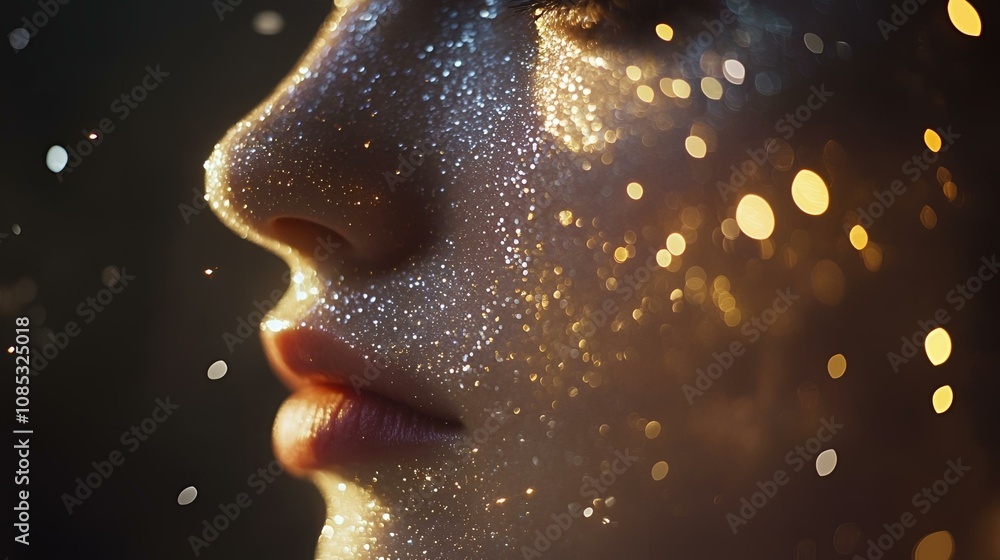 Glamorous Face with Sparkling Gold and Silver Makeup in Ethereal Light Glamorous Face with Sparkling Gold and Silver Makeup in Ethereal Light