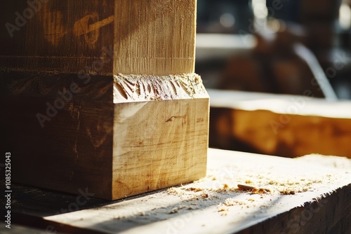 A beautifully crafted wooden post with precise carvings stands amidst scattered sawdust, bathed in warm light, showcasing artisanal skill. photo