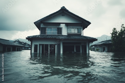 A traditional house stands partially submerged in floodwaters, conveying the overwhelming power of nature and the fragility of human dwellings.