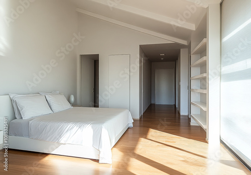 Modern bedroom with minimalist design and natural light in a contemporary home