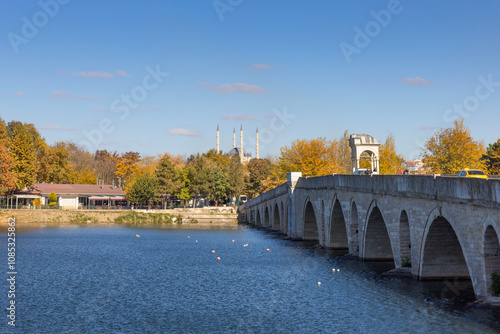 edirne - turkey. 7 november 2024. The Meriç Bridge, also known as Mecidiye Bridge or Meriç Bridge, selimiye mosque	