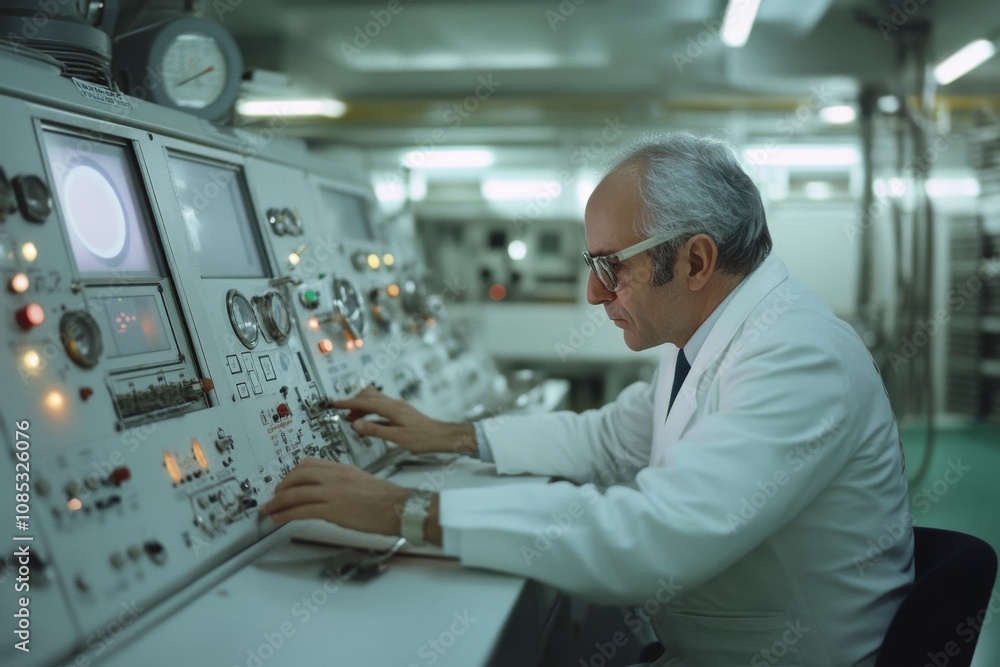 A technician in a white lab coat operates complex equipment in a vintage control room, filled with dials and screens. A technician in a white lab coat operates complex equipment in a vintage control room, filled with dials and screens.