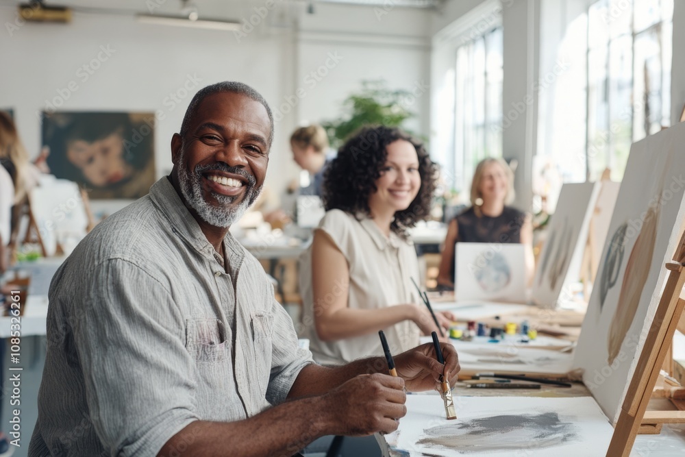 A joyful artist holds a brush, surrounded by paintings in a bright studio, exuding creativity and warmth. A joyful artist holds a brush, surrounded by paintings in a bright studio, exuding creativity and warmth.