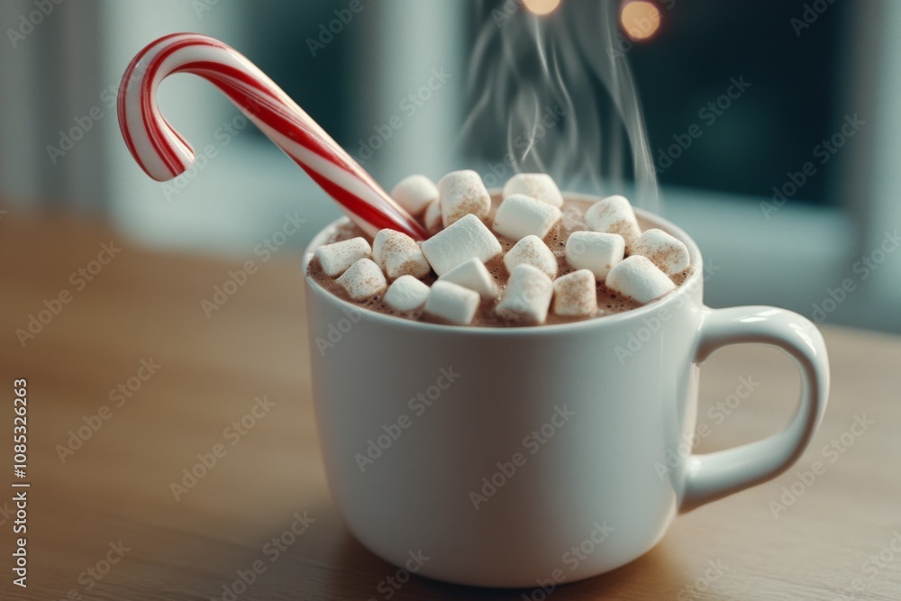 A steamy mug brimming with hot cocoa and marshmallows, decorated with a candy cane, radiates a comforting winter ambiance by a softly lit window. A steamy mug brimming with hot cocoa and marshmallows, decorated with a candy cane, radiates a comforting winter ambiance by a softly lit window.
