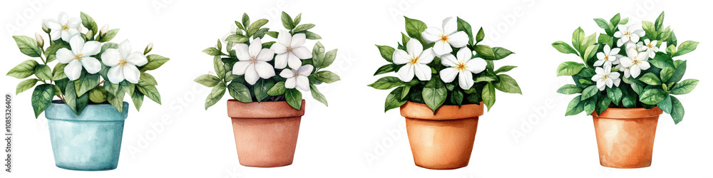 Watercolor Painting of Jasmine Flowers in Potted Container Watercolor Painting of Jasmine Flowers in Potted Container