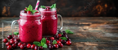 Two Glass Jars Filled with Cranberry Smoothie Decorated with Fresh Mint Leaves and Cranberries on Wooden Surface