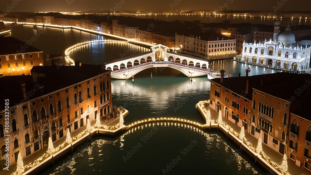 Night view of illuminated Rialto Bridge and canals in Venice, Italy.