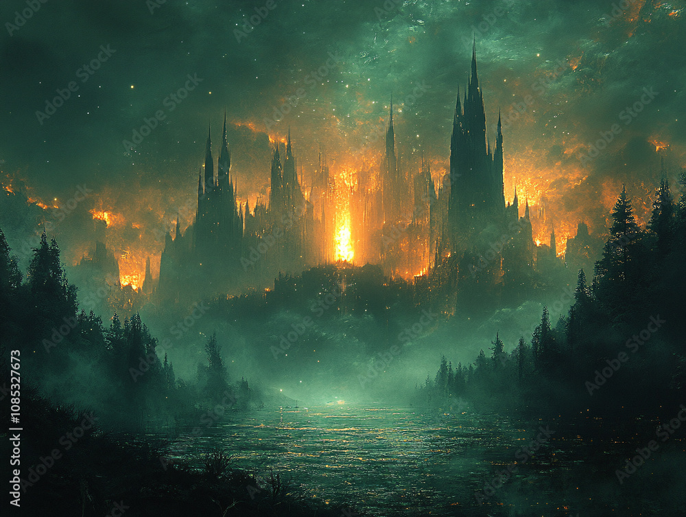 a nighttime sky filled with clouds and a full moon, a backdrop of towering, jagged mountains that cast a shadow on the water below. a nighttime sky filled with clouds and a full moon, a backdrop of towering, jagged mountains that cast a shadow on the water below.