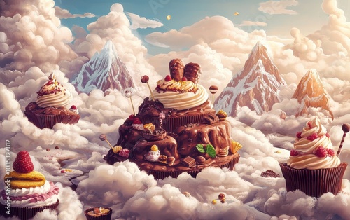 Fantastical dessert landscape with giant cupcakes and chocolate mountains amid fluffy clouds, depicting a whimsical sugar-coated dreamworld.