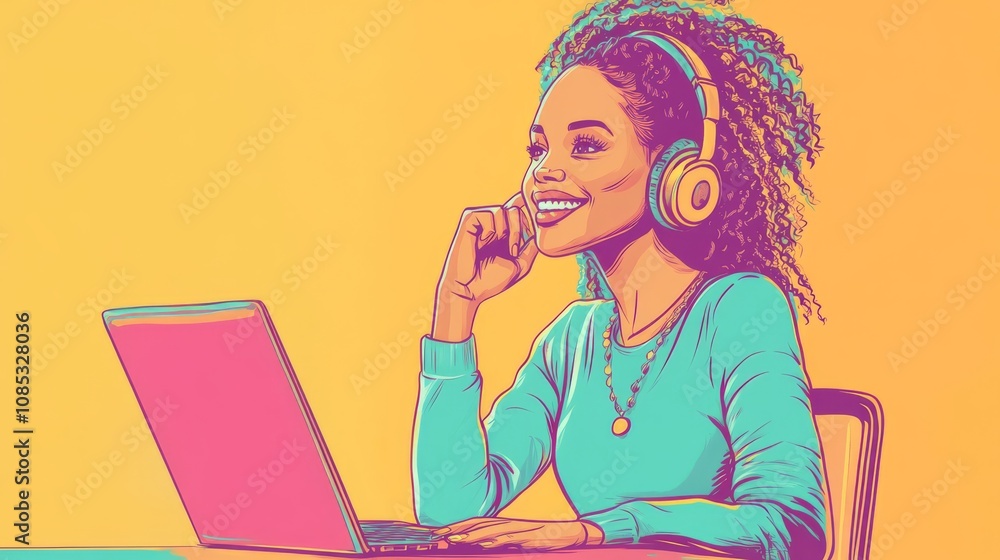Joyful Beats: A vibrant illustration of a young woman, headphones on, smiling contentedly while working on her laptop. The illustration style is bold and expressive. Joyful Beats: A vibrant illustration of a young woman, headphones on, smiling contentedly while working on her laptop. The illustration style is bold and expressive.