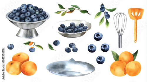 Watercolor set of blueberries, blueberries, oranges and kitchen utensils