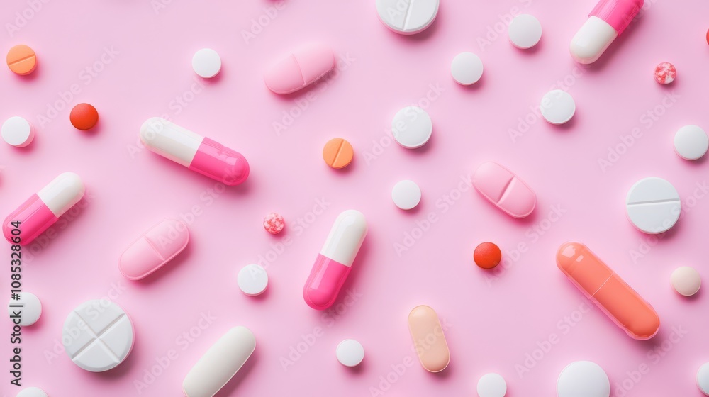 Pink Pill Background: A vibrant flat lay showcasing an assortment of colorful pills and capsules against a soft pink backdrop. Perfect for medical, pharmaceutical, or healthcare concepts. Pink Pill Background: A vibrant flat lay showcasing an assortment of colorful pills and capsules against a soft pink backdrop. Perfect for medical, pharmaceutical, or healthcare concepts.